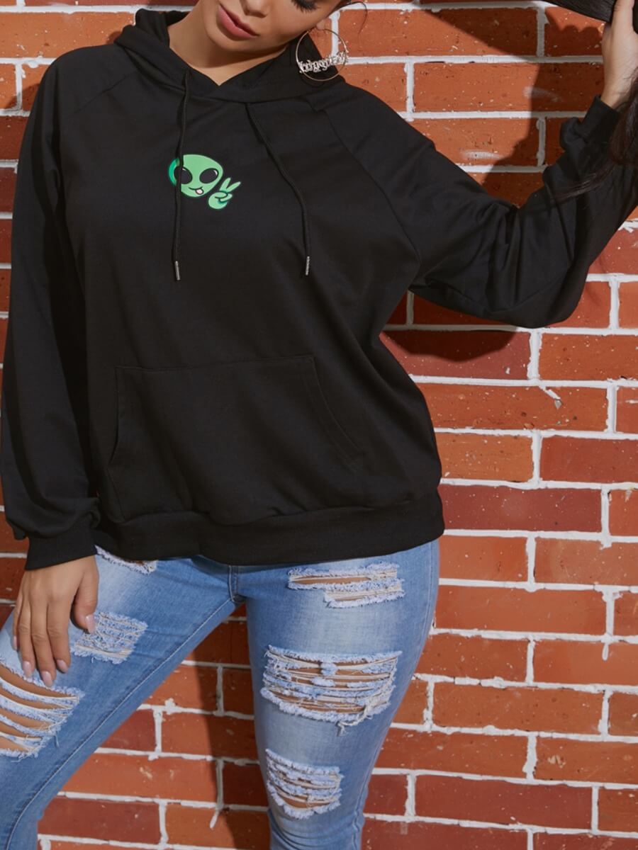 

Lovely Casual Hooded Collar Print Black Hoodie