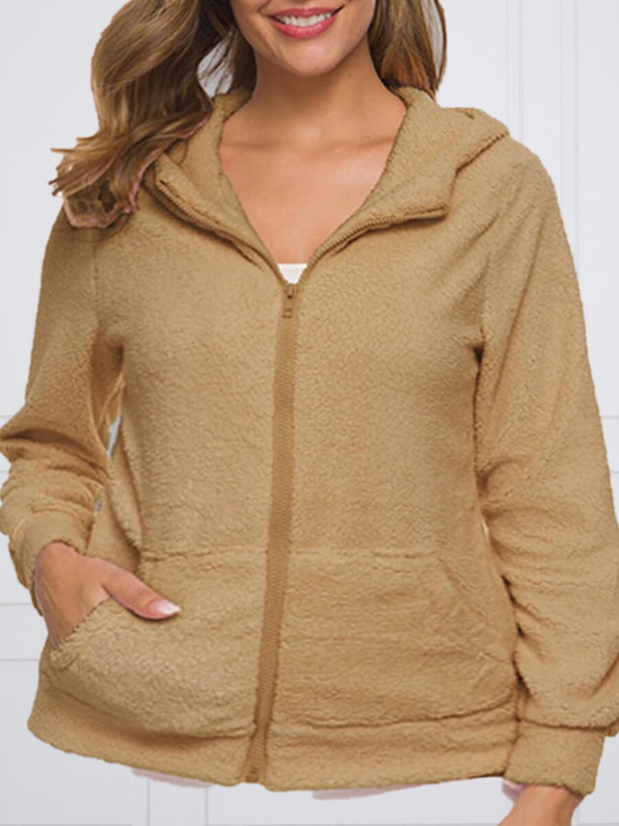 

Lovely Casual Hooded Collar Zipper Design Khaki Faux Fur