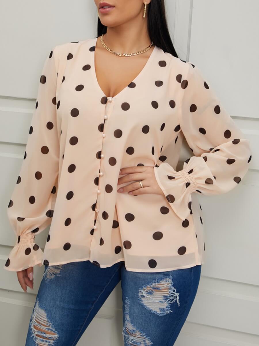 LW Trendy V Neck Dot Print Light Camel Blouse