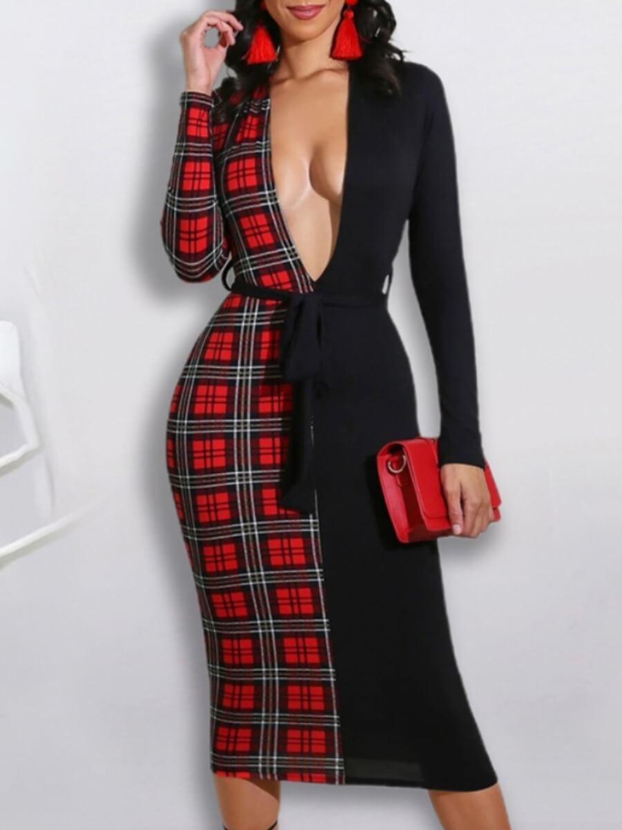 

Lovely Stylish Deep V Neck Grid Print Patchwork Red Knee Length Dress