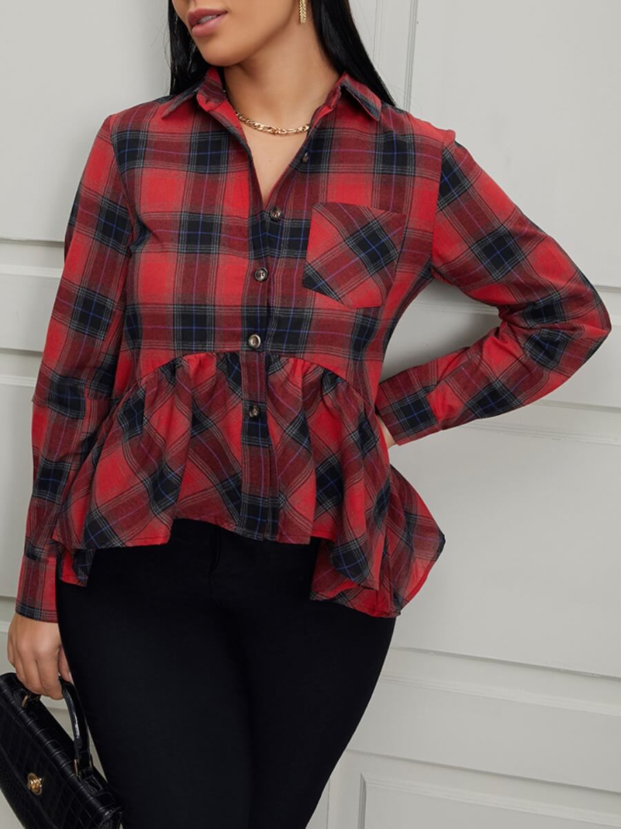 LW Casual Plaid Print Red Blouses