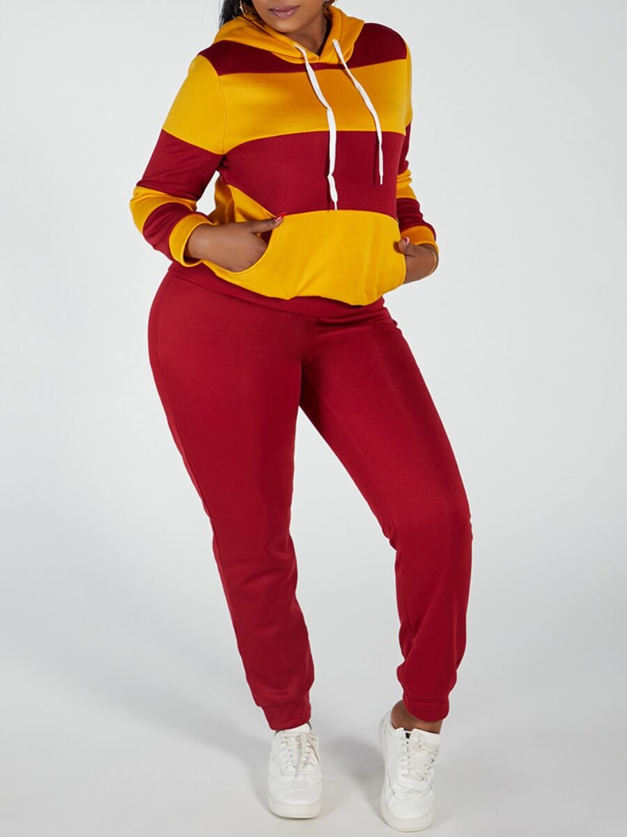 

Lovely Casual Hooded Collar Striped Yellow Plus Size Two-piece Pants Set