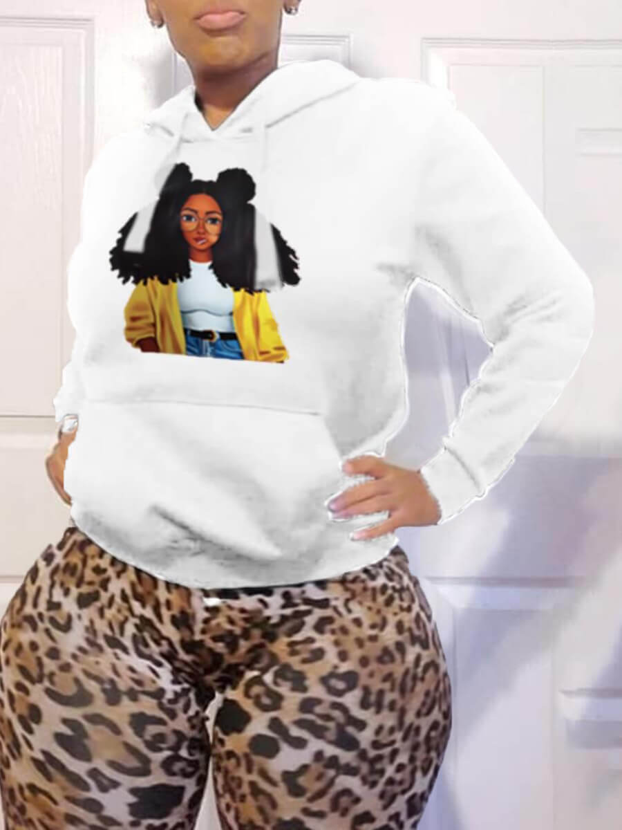 

Lovely Leisure O Neck Print White Plus Size Hoodie