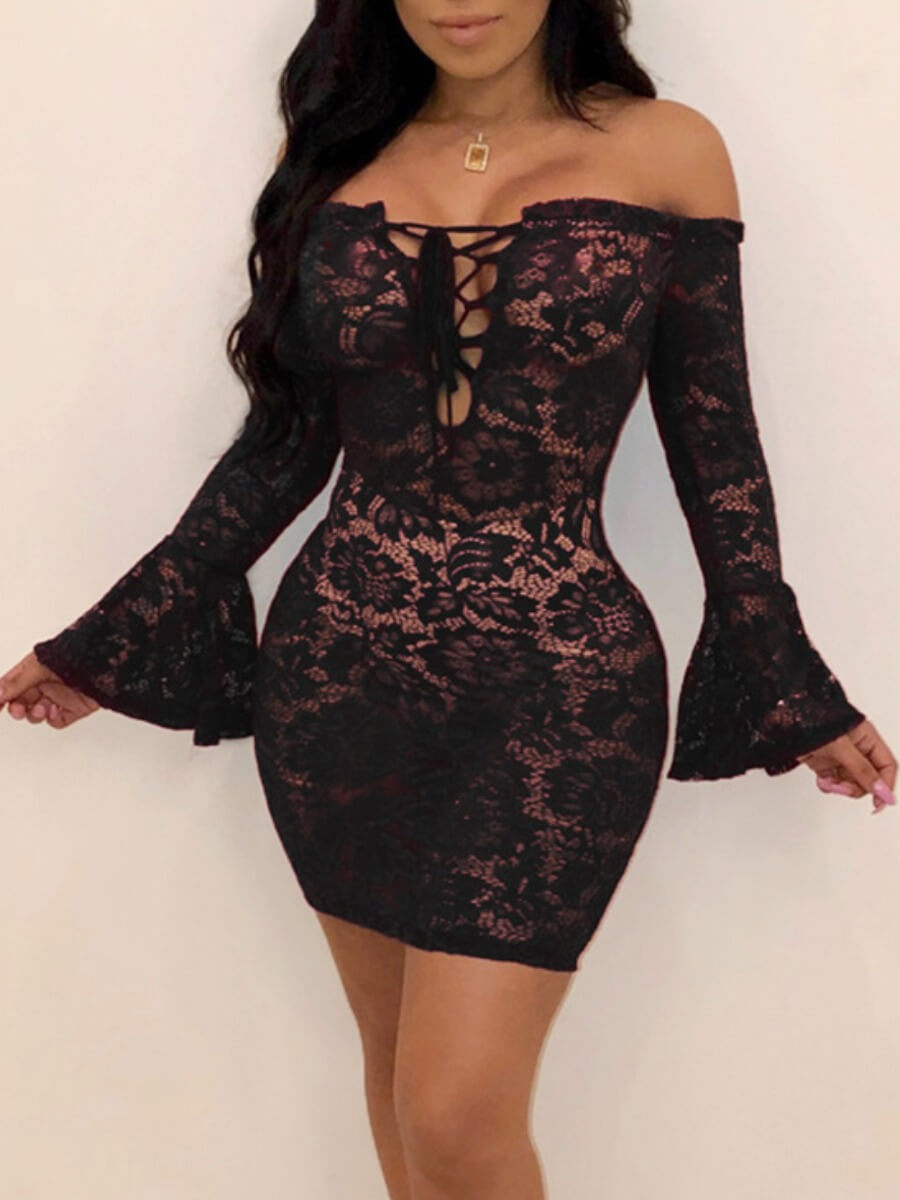 

Lovely Sexy Bateau Neck See-through Black Mini Dress