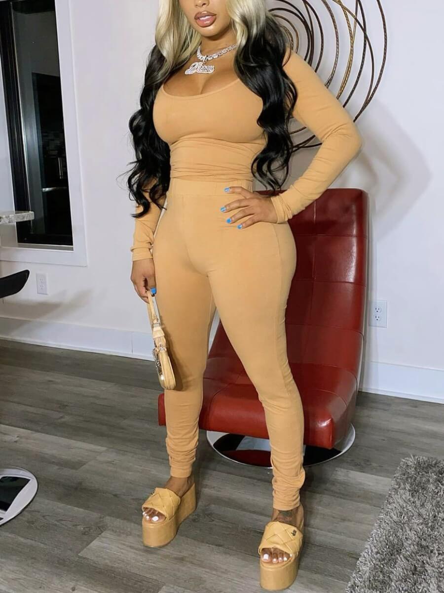 

Lovely Casual O Neck Long Sleeve Light Tan Two Piece Pants Set