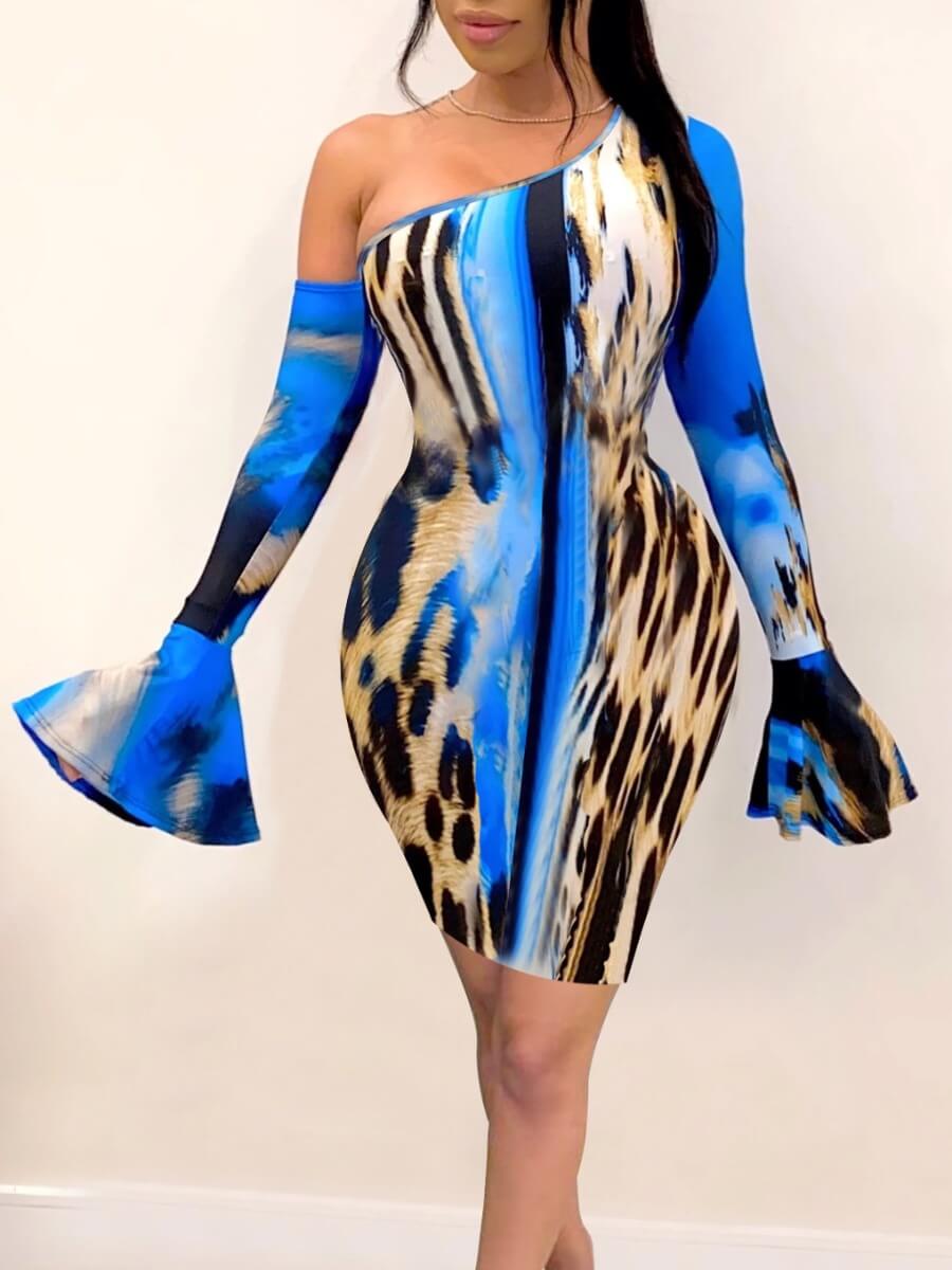 

LW Stylish Print Skinny Blue Knee Length Sheath Dress