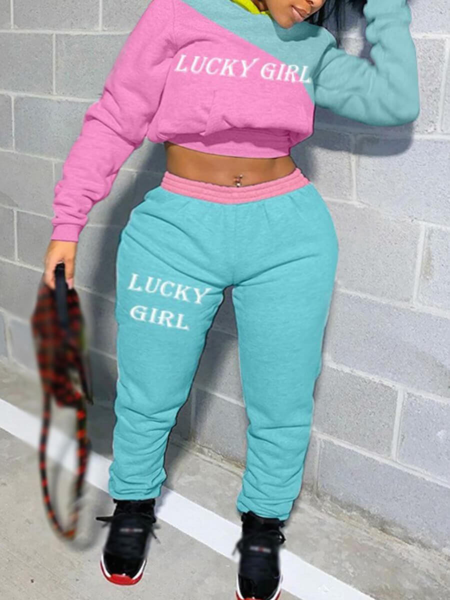 

Lovely Street Hooded Collar Letter Embroidered Patchwork Pink Plus Size Two-piece Pants Set