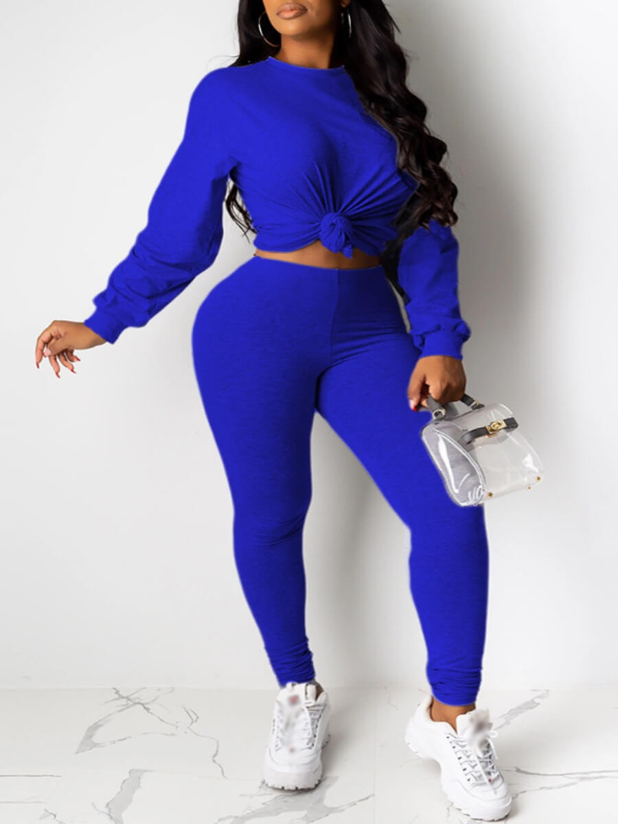

Lovely Casual O Neck Basic Skinny Blue Two Piece Pants Set
