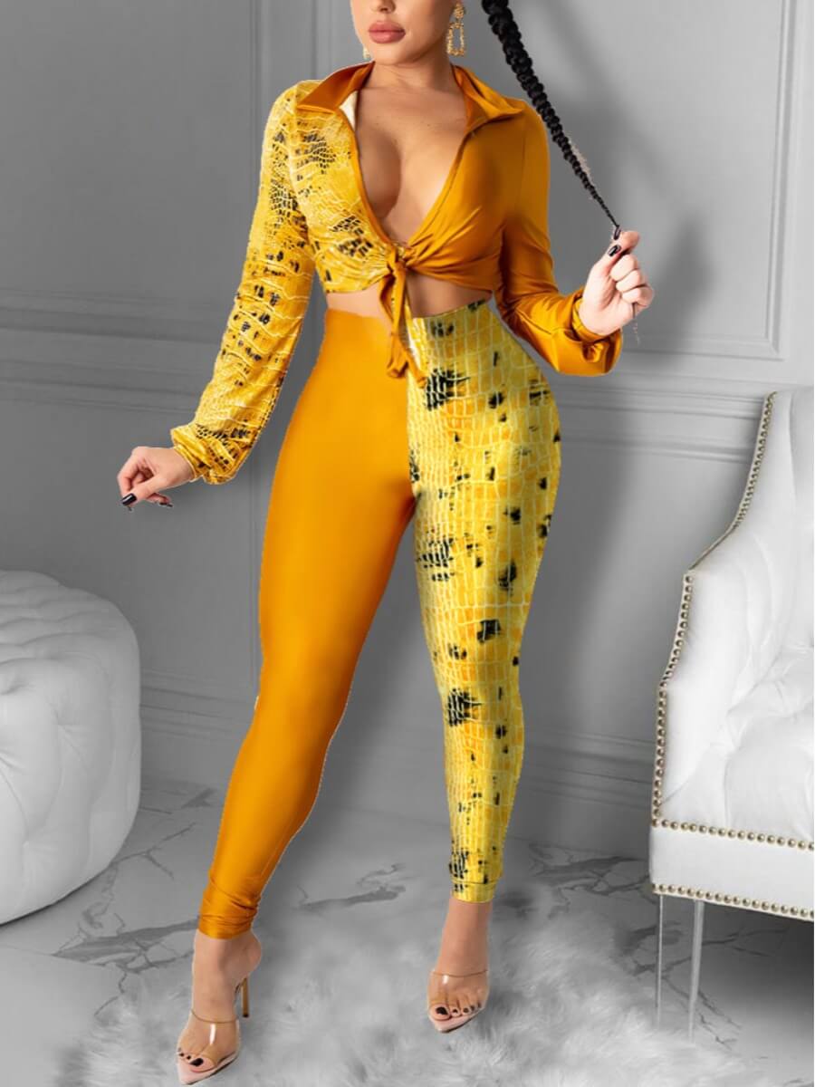 

Lovely Casual Print Patchwork Yellow Two Piece Pants Set