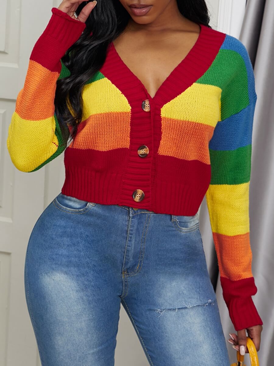 

Lovely Sweet V Neck Rainbow Striped Orange Red Cardigan