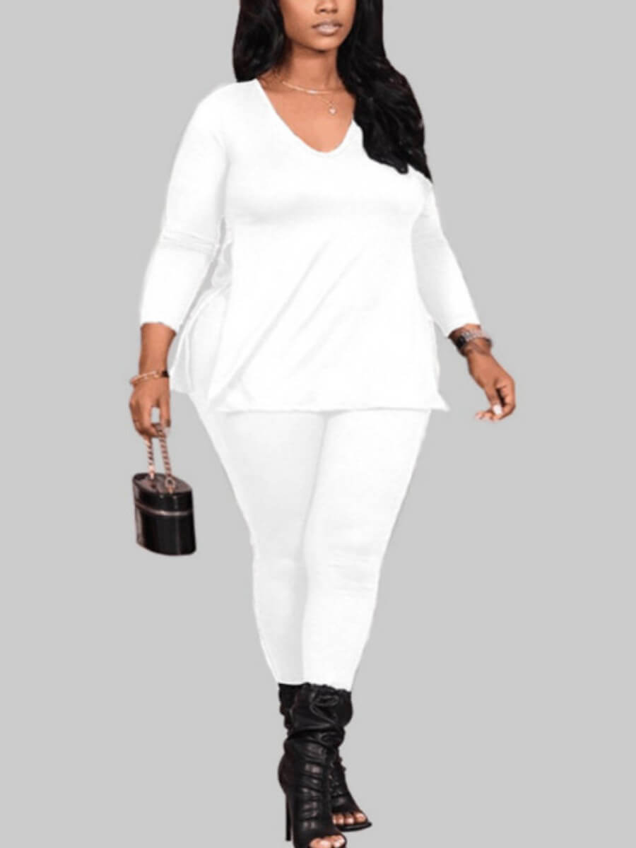 

Lovely Casual V Neck Long Sleeve White Plus Size Two-piece Pants Set