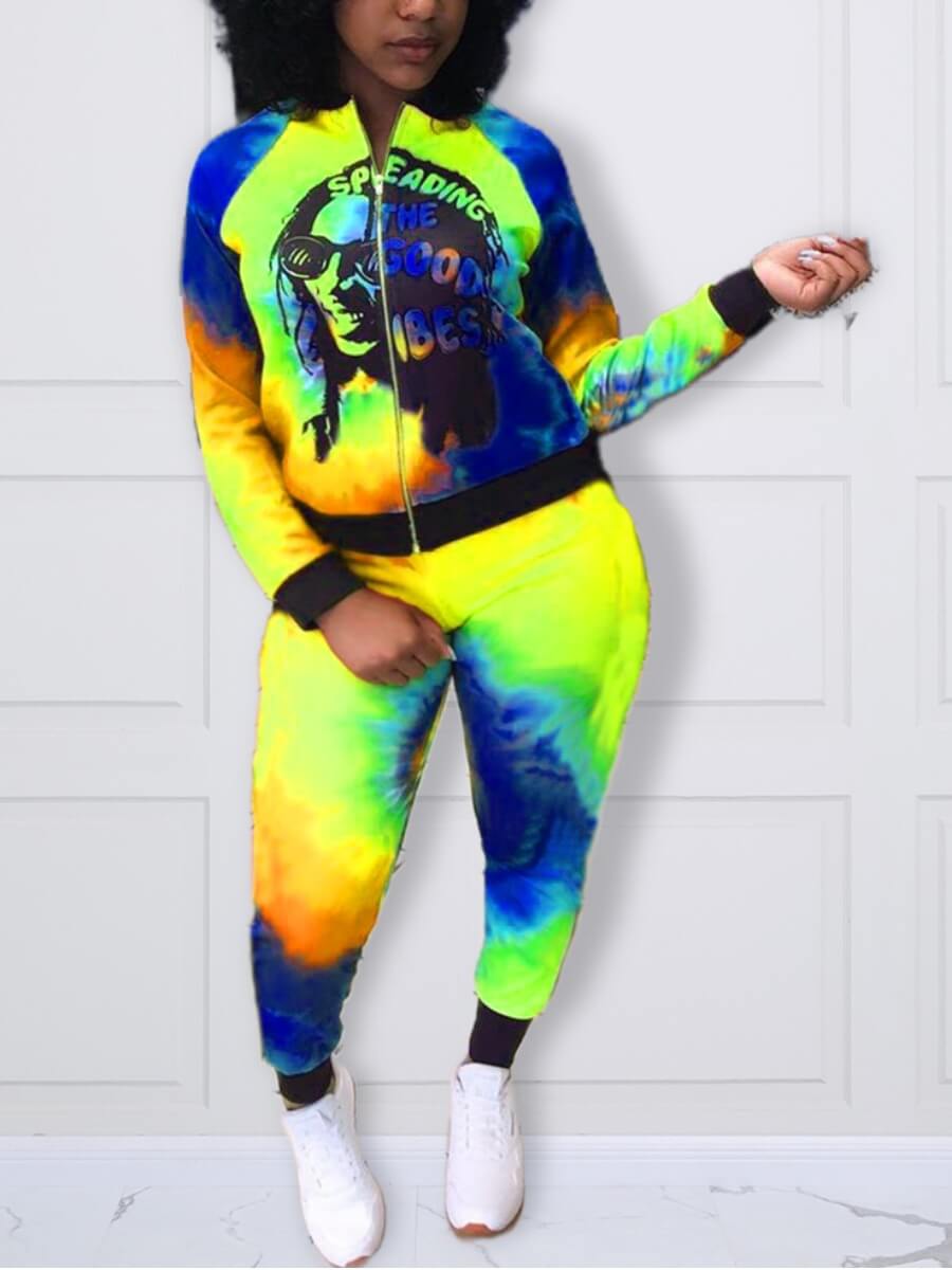 

Lovely Sportswear Tie-dye Letter Print Blue Plus Size Two-piece Pants Set