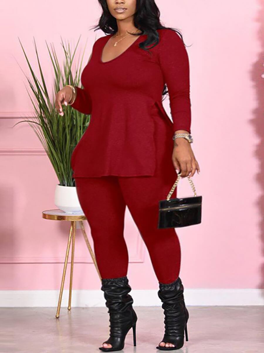 

Lovely Casual V Neck Long Sleeve Red Plus Size Two-piece Pants Set