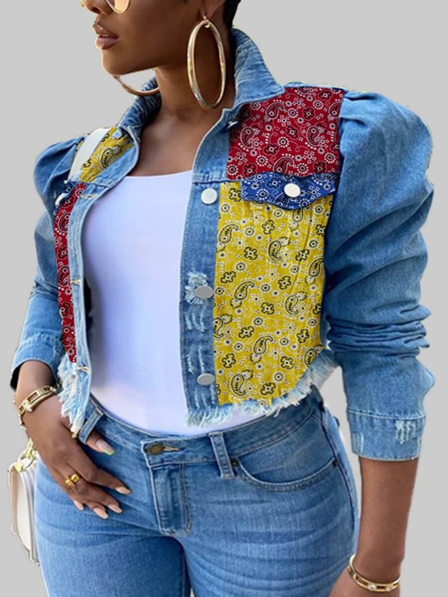 

Lovely Stylish Turndown Collar Print Patchwork Baby Blue Plus Size Denim Jacket