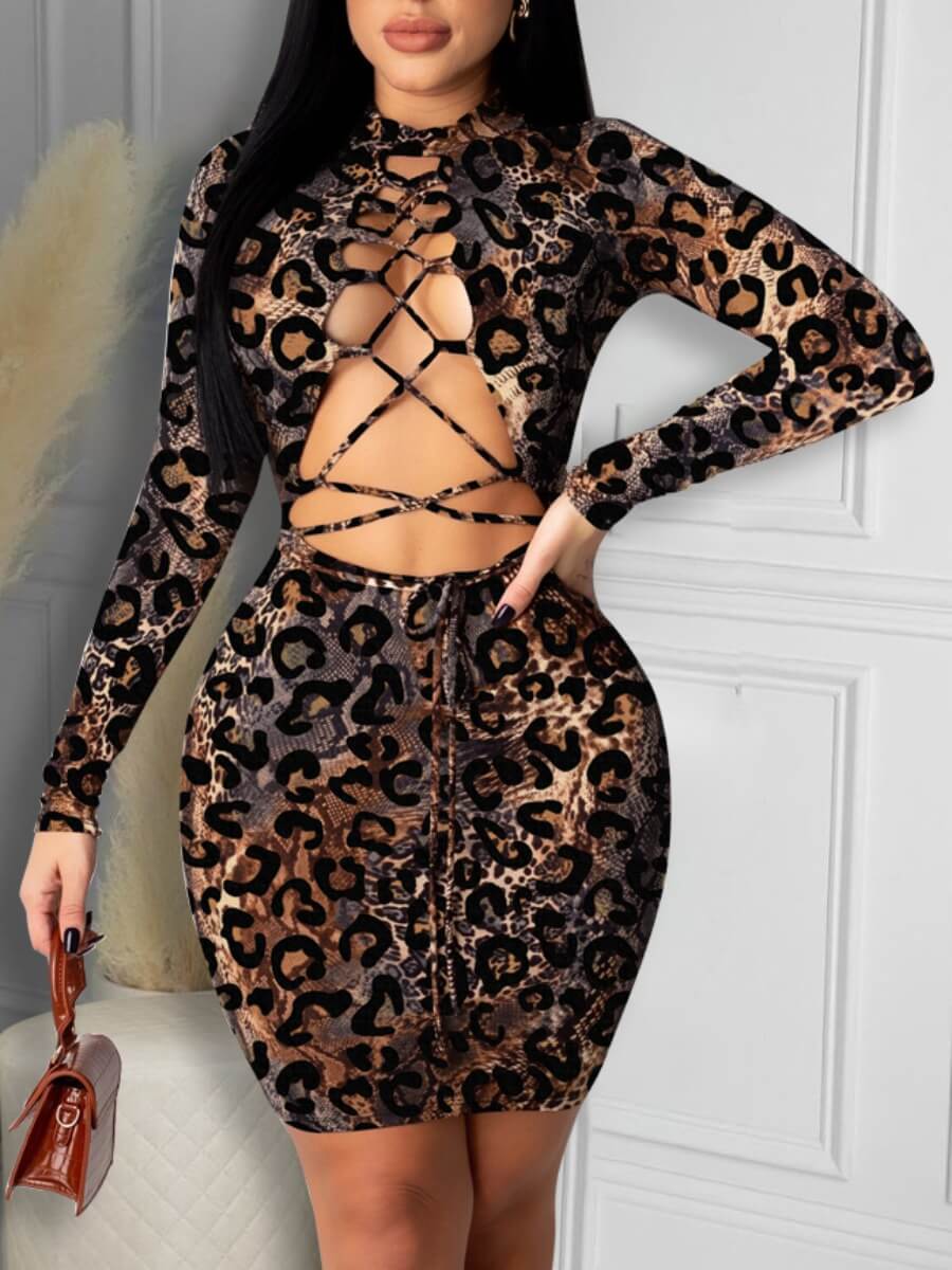 

Lovely Sexy Leopard Print Bandage Hollow-out Design Dark Coffee Knee Length Dress