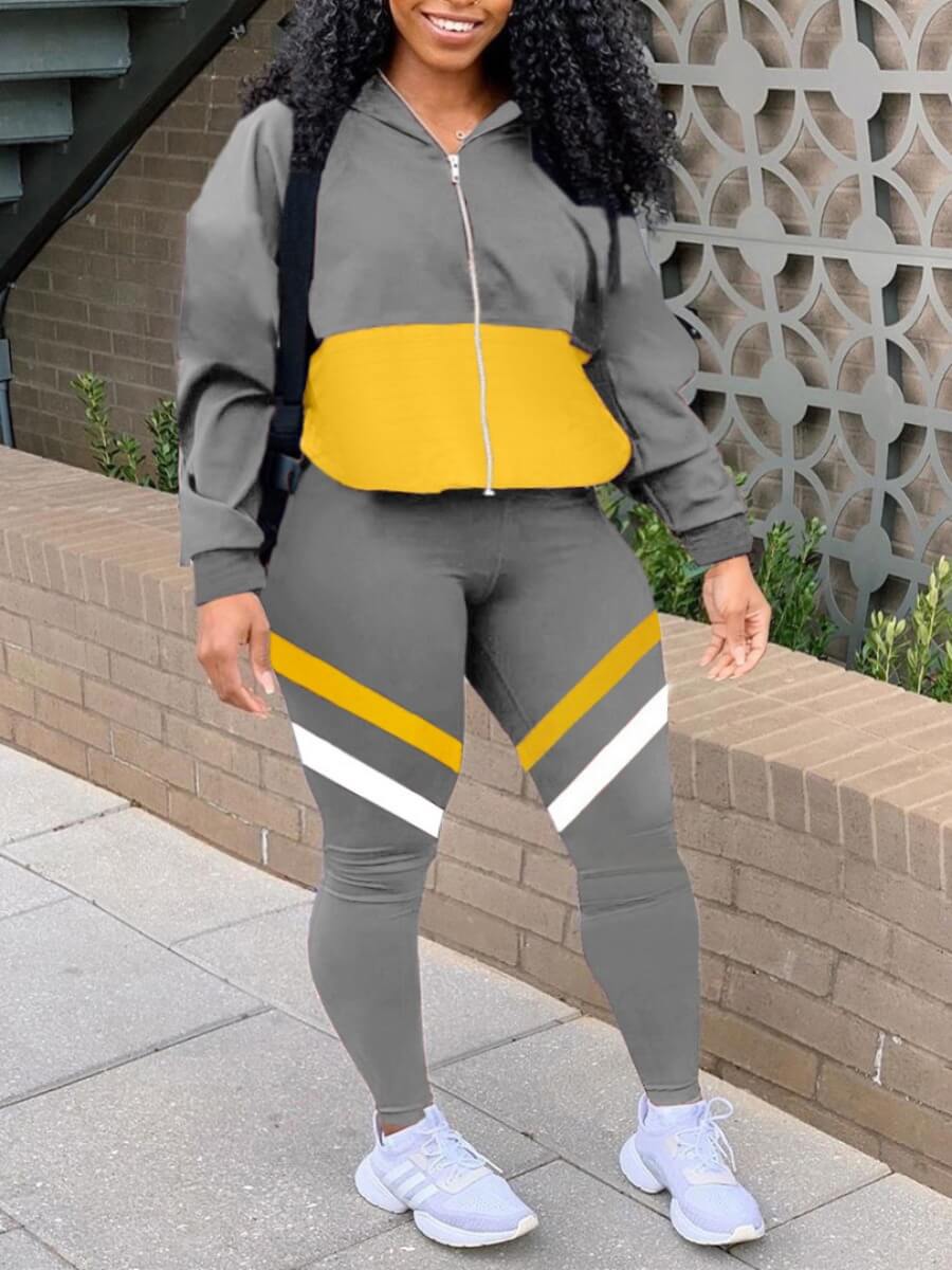 

Lovely Sportswear Striped Patchwork Grey Two Piece Pants Set