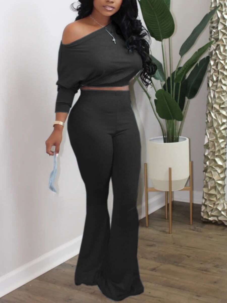 

Lovely Chic Flared Crop Top Black Two Piece Pants Set
