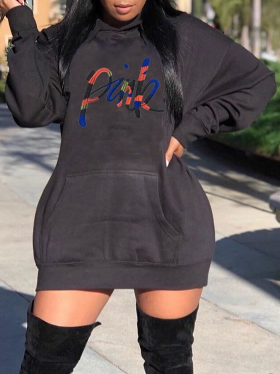 

Lovely Street Letter Print Kangaroo Pocket Black Mini Dress