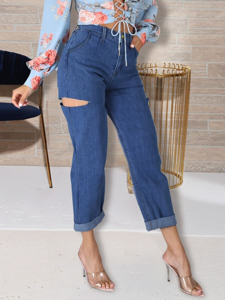 

Lovely Casual Broken Holes Deep Blue Jeans