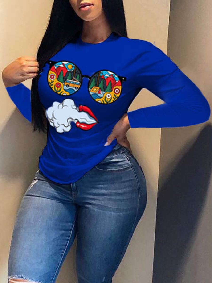 

Lovely Casual O Neck Lip Print Blue T-shirt