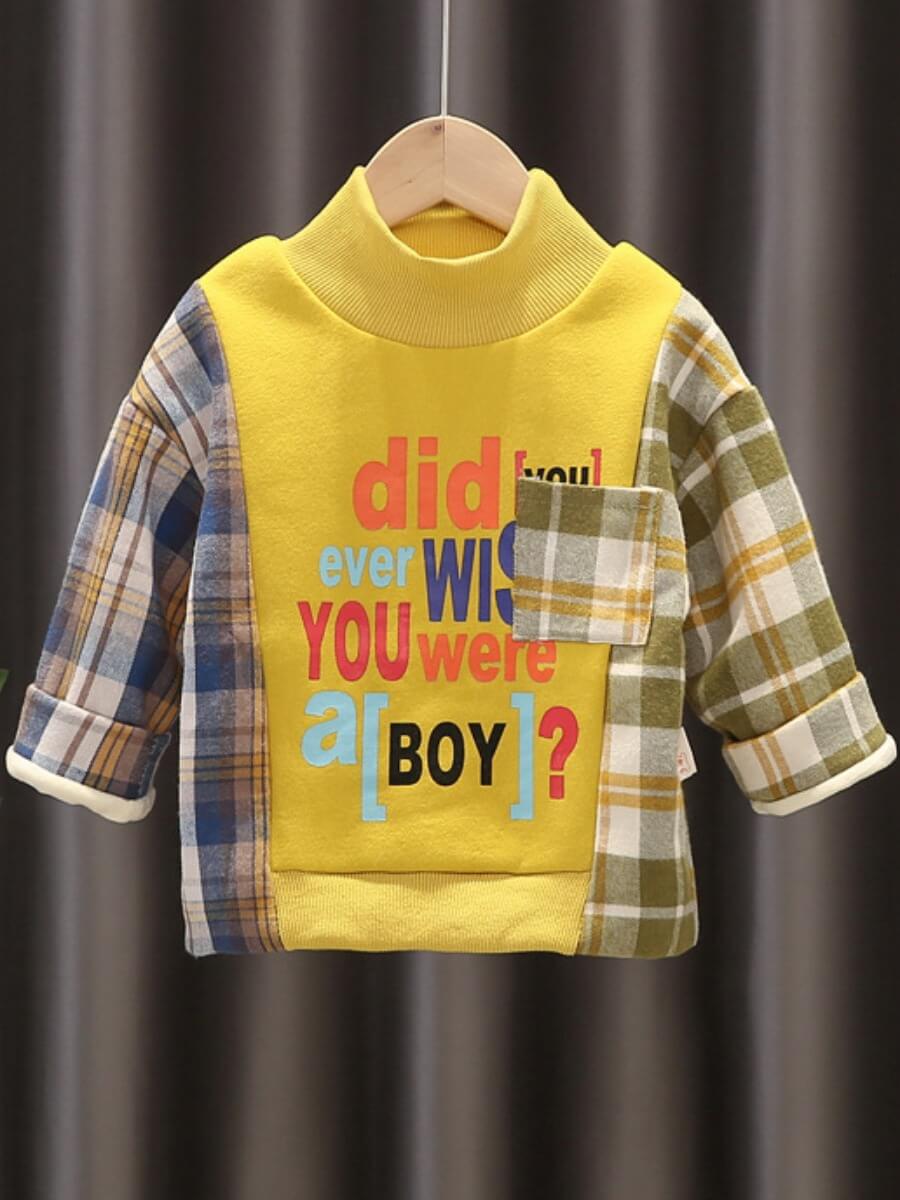 

Lovely Street Plaid Letter Print Patchwork Yellow Boy Hoodie