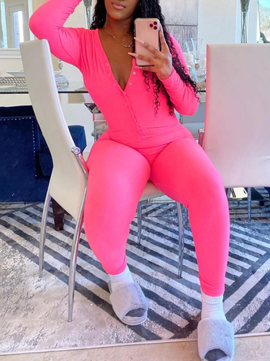 

Lovely Sweet Letter Print Button Design Rose Red One-piece Jumpsuit