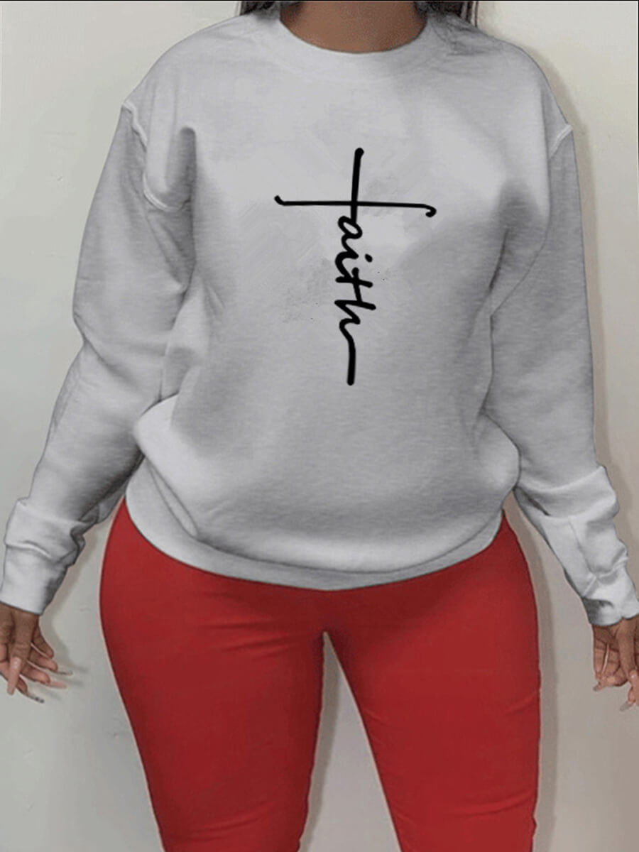 

Lovely Casual O Neck Letter Print Grey Plus Size Hoodie