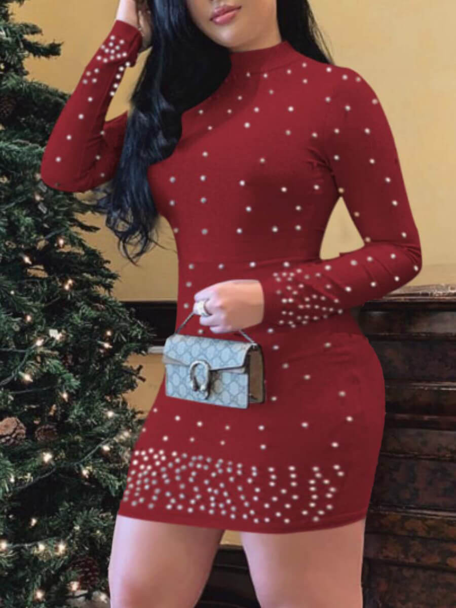 

Lovely Sexy Turtleneck Nail Bead Design Red Plus Size Mini Dress