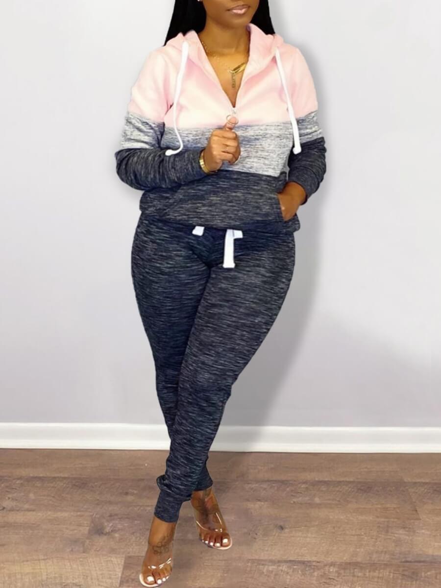 

Lovely Sportswear Striped Patchwork Drawstring Pink Plus Size Two-piece Pants Set