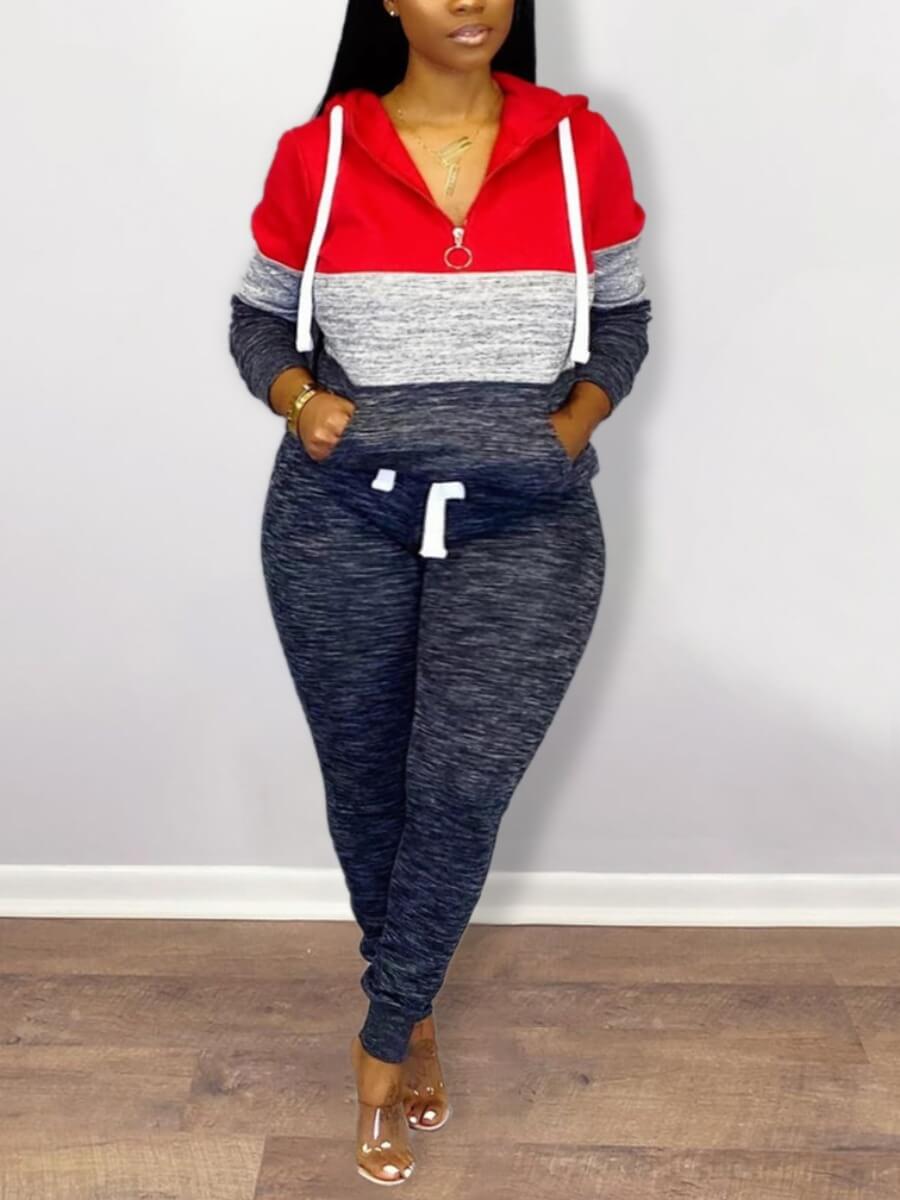 

Lovely Sportswear Striped Patchwork Drawstring Red Plus Size Two-piece Pants Set