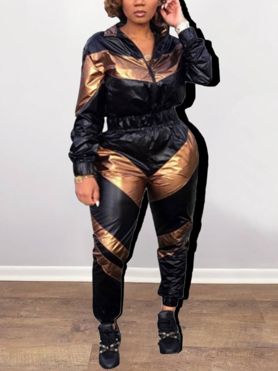 

Lovely Sportswear Striped Patchwork Black Plus Size Two-piece Pants Set