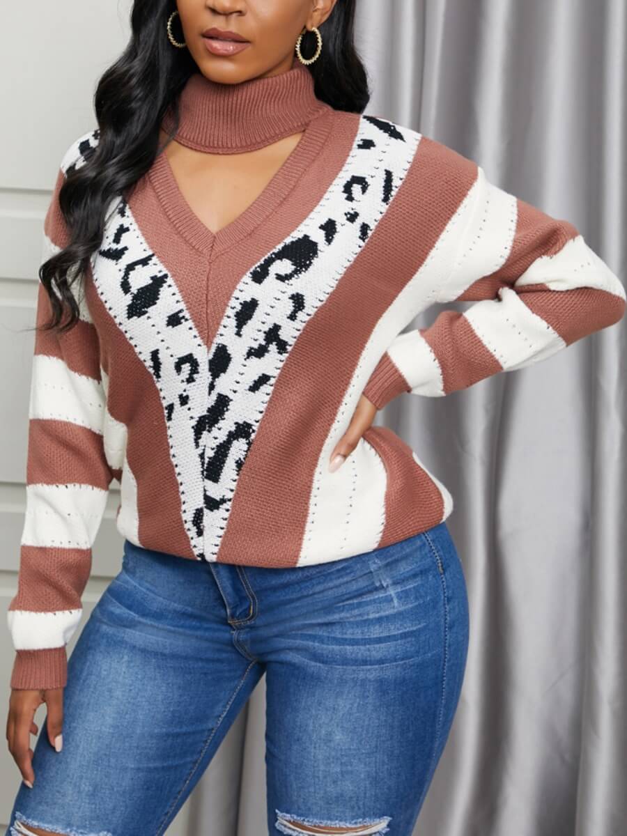 

Lovely Casual V Neck Striped Brown Sweater