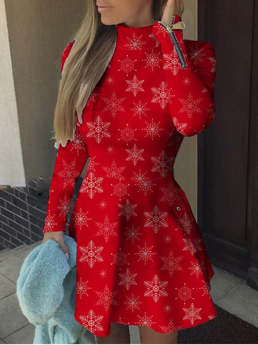 

Lovely Chic Turtleneck Snowflakes Print Red Mini A Line Dress