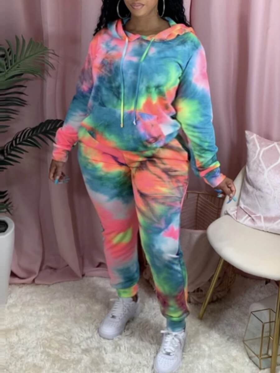 

Lovely Casual Hooded Collar Tie Dye Print Blue Two Piece Pants Set