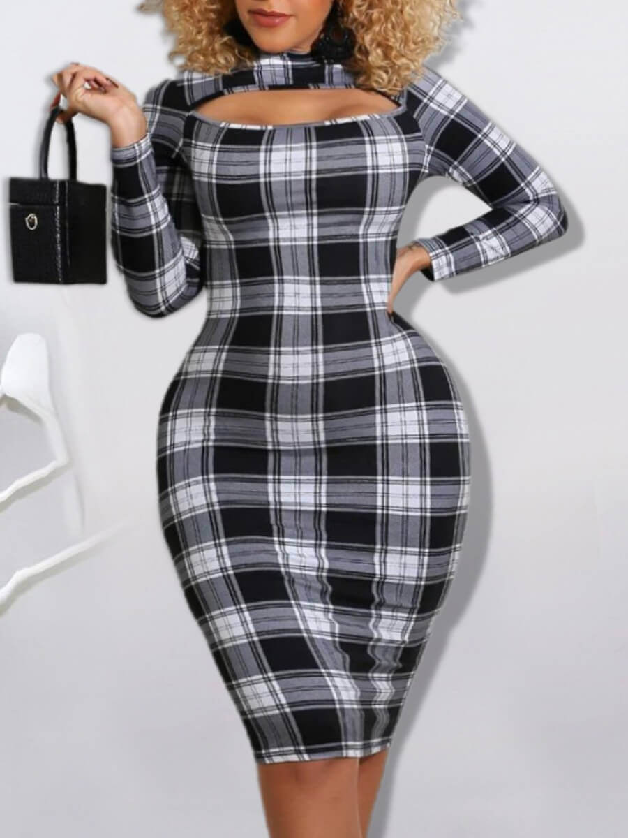 

Lovely Formal Hollow-out Plaid Print Patchwork Black Knee Length Dress