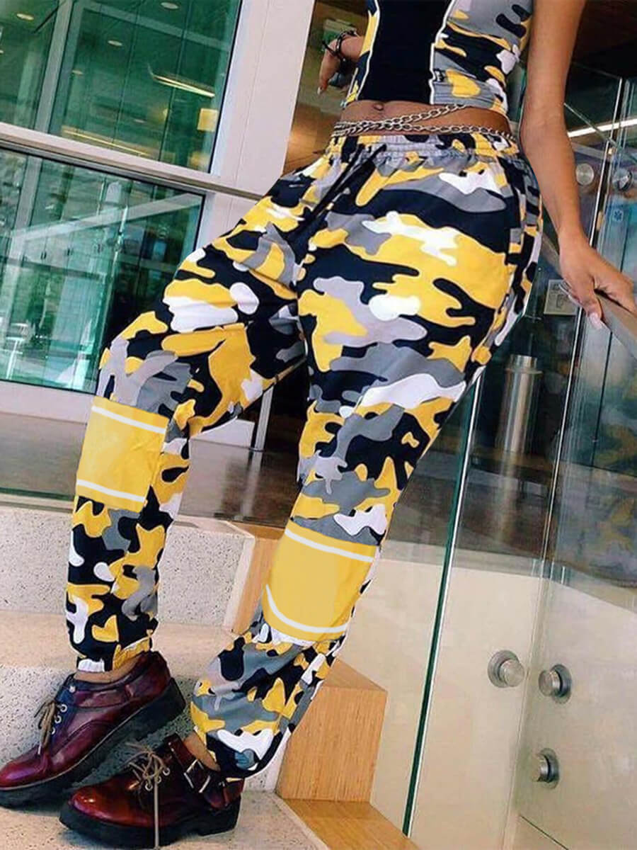 

Lovely Street Camo Print Drawstring Yellow Plus Size Pants