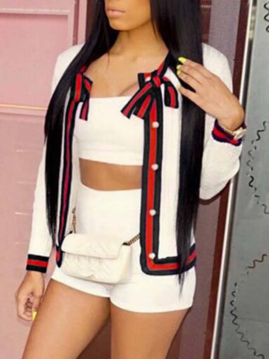 

Lovely Sweet Striped Patchwork Button Design White Jacket