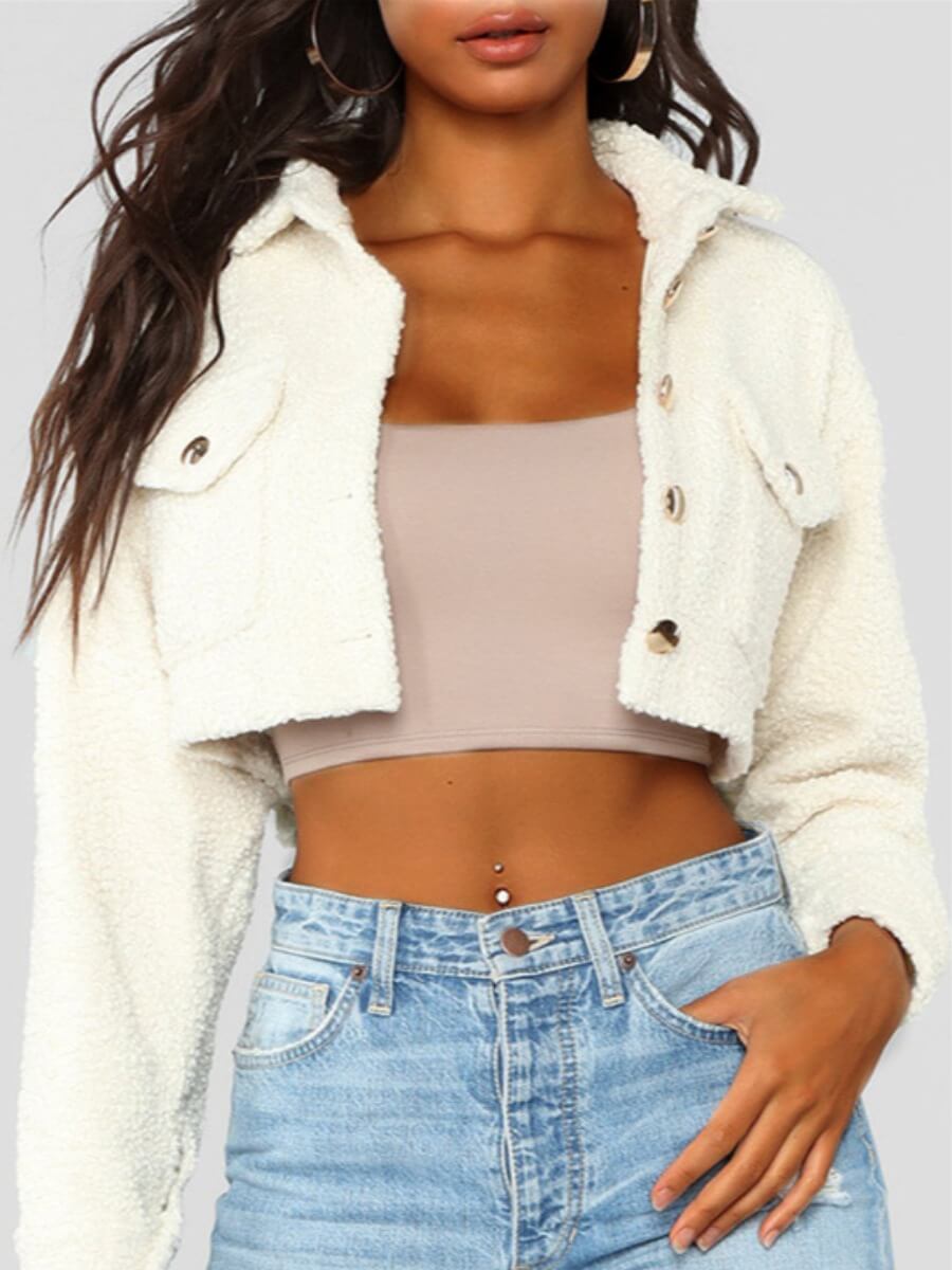 

Lovely Casual Pocket Button Design White Faux Fur