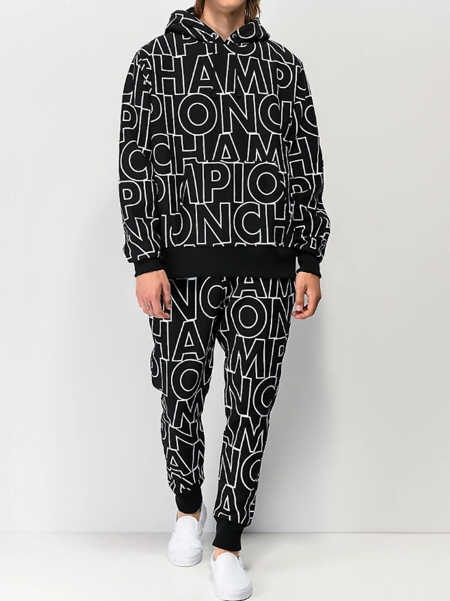 

Lovely Street Hooded Collar Letter Print Black Men Two Piece Pants Set