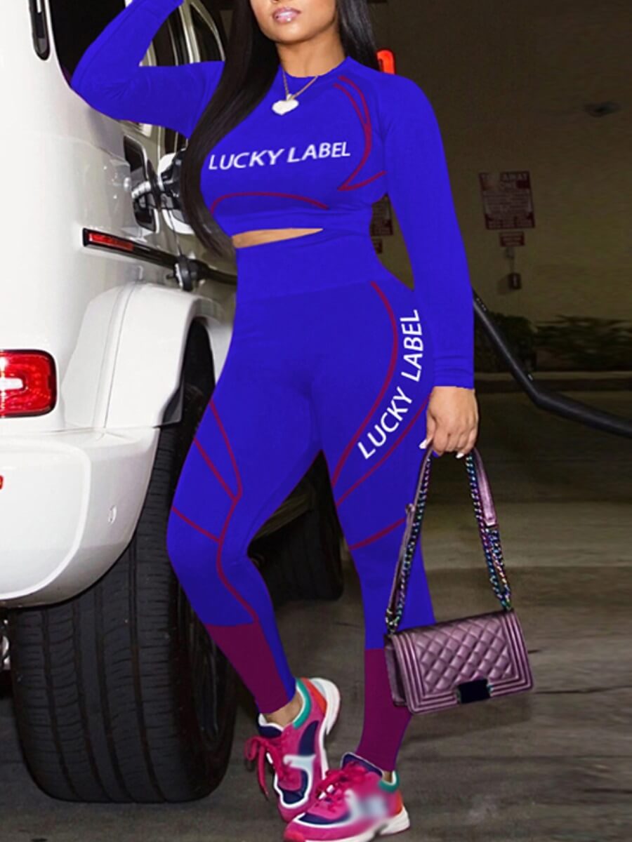 

Lovely Sportswear Letter Print Patchwork Blue Two Piece Pants Set