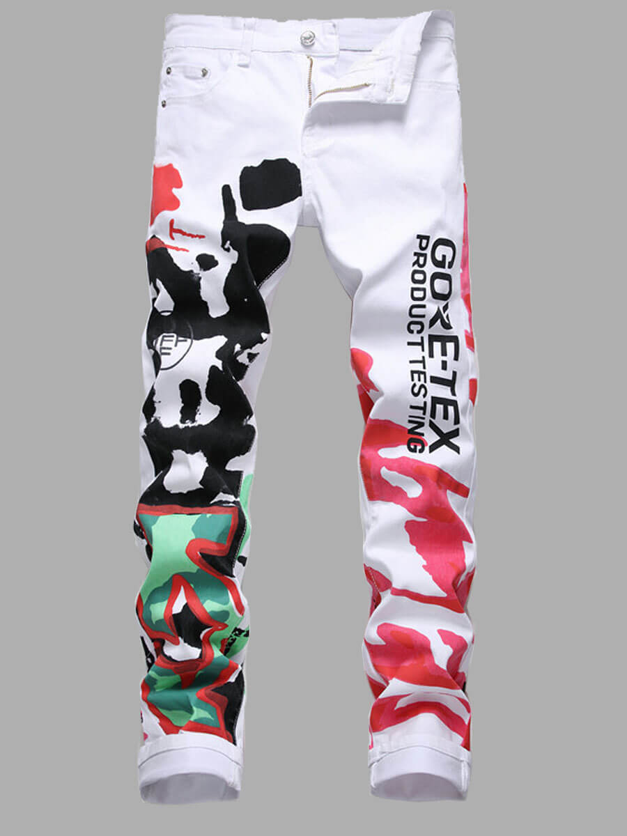 

Lovely Street Graffiti Print Patchwork White Men Jeans