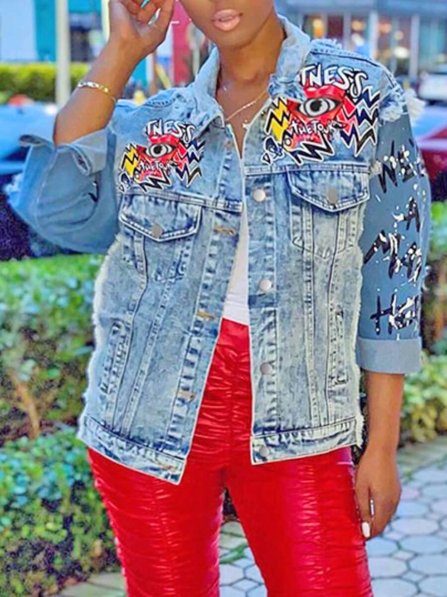 

Lovely Street Graffiti Print Patchwork Blue Denim Jacket
