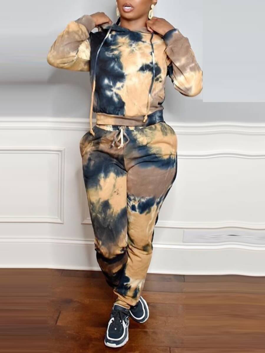 

Lovely Casual Hooded Collar Tie Dye Drawstring Yellow Two Piece Pants Set