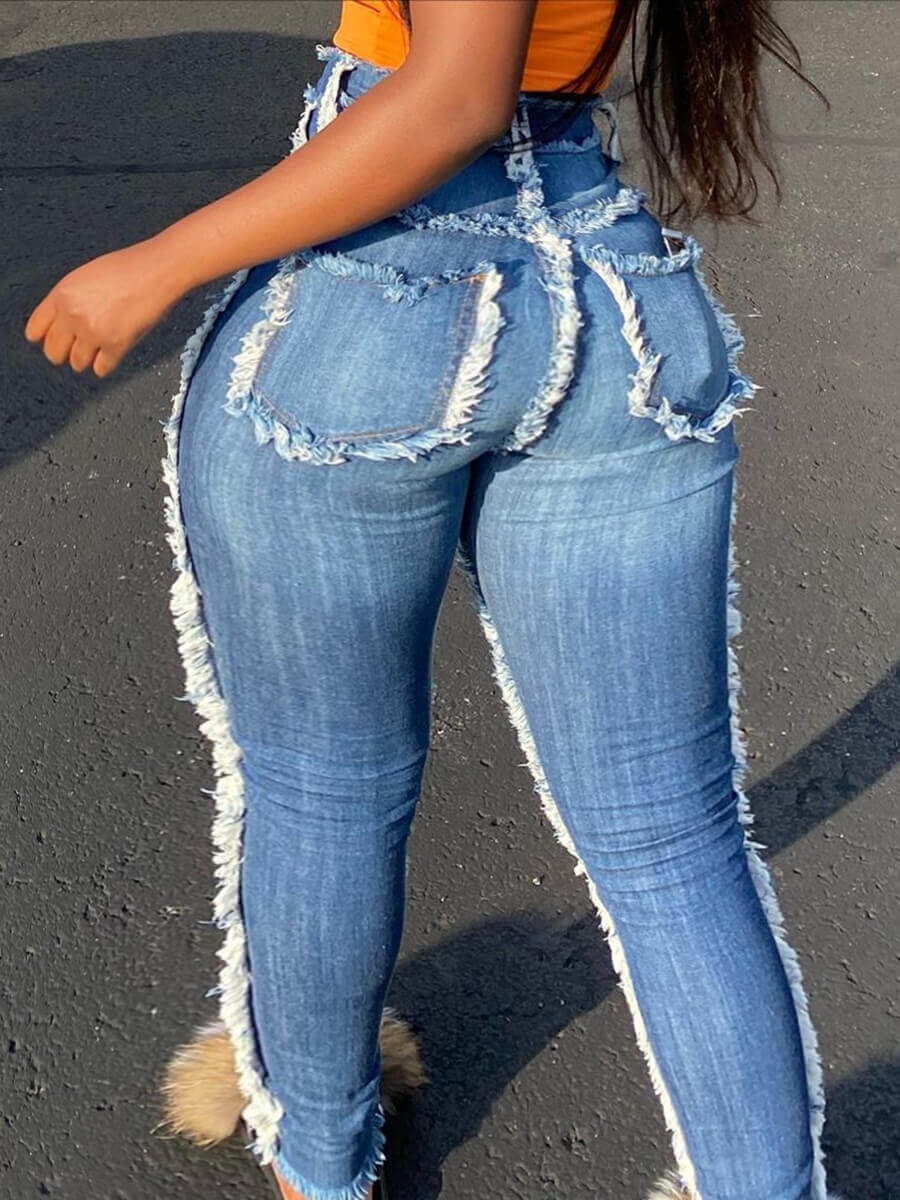 

Lovely Casual Mid Waist Raw Edge Blue Plus Size Jeans