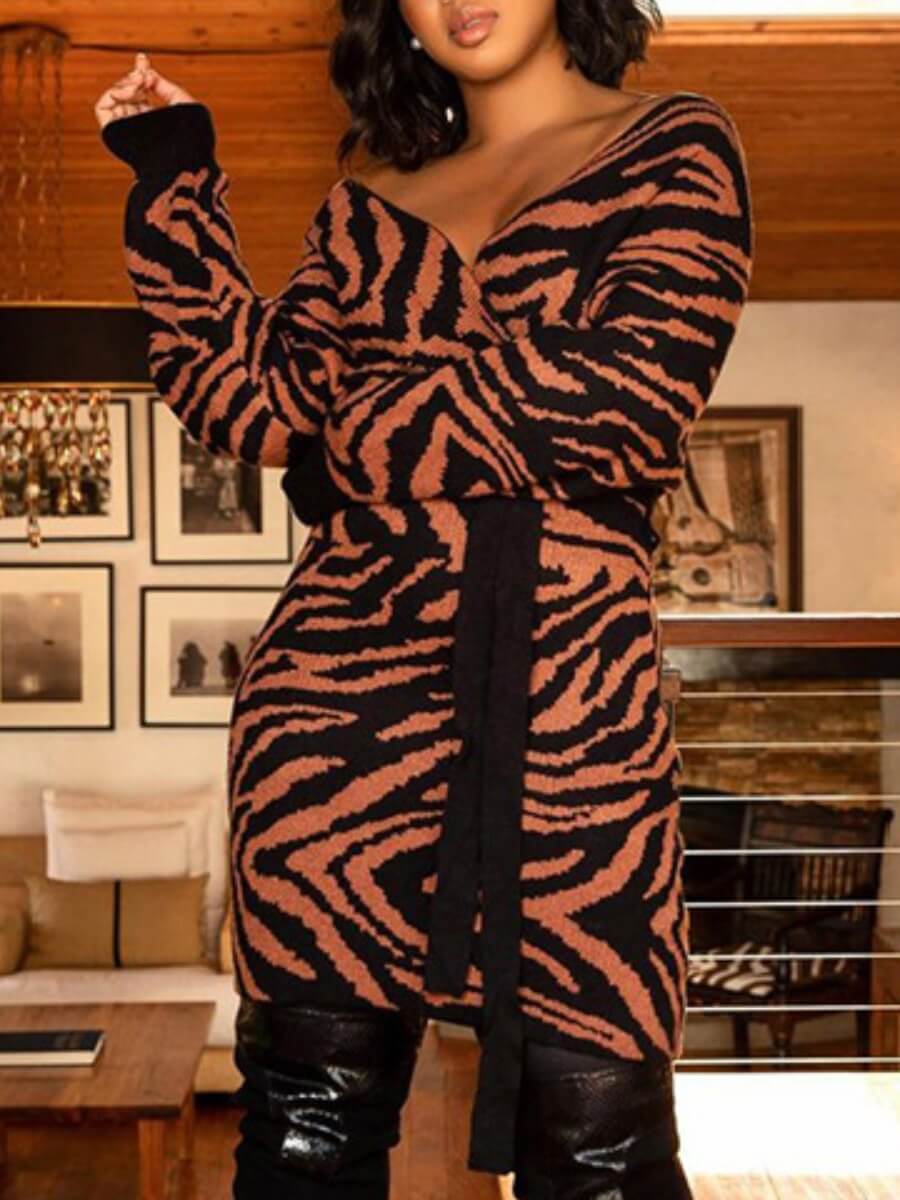 

Lovely Casual V Neck Tiger Print Brown Mini Dress