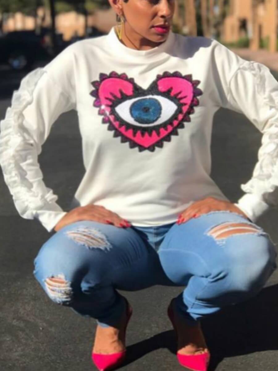 

Lovely Street Flounce Heart-shaped Print White Plus Size Hoodie