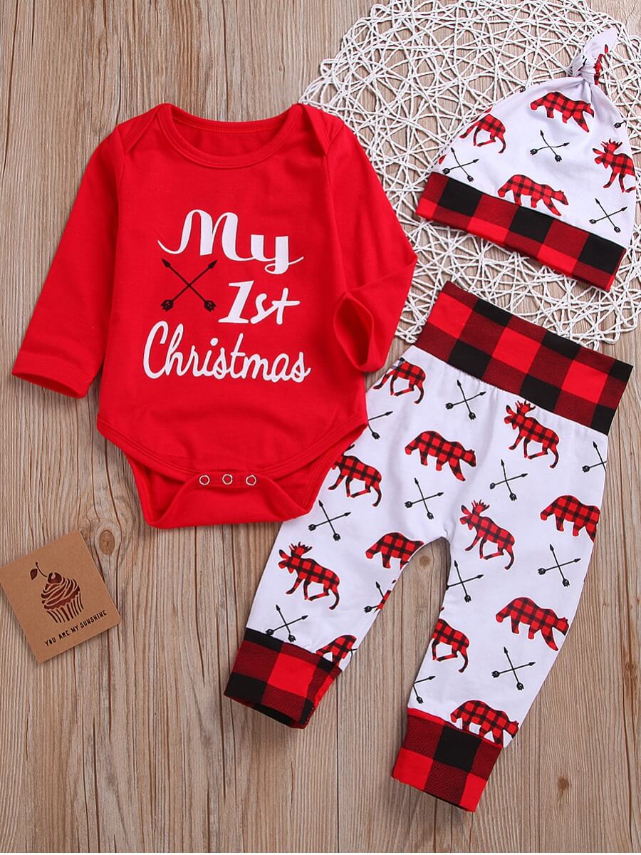 

Lovely Sweet Christmas Day Letter Print Patchwork Red Boy Two Piece Pants Set