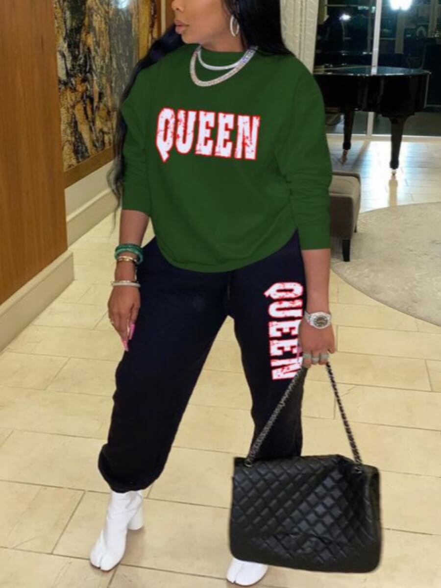 

Lovely Casual O Neck Letter Print Army Green Two Piece Pants Set