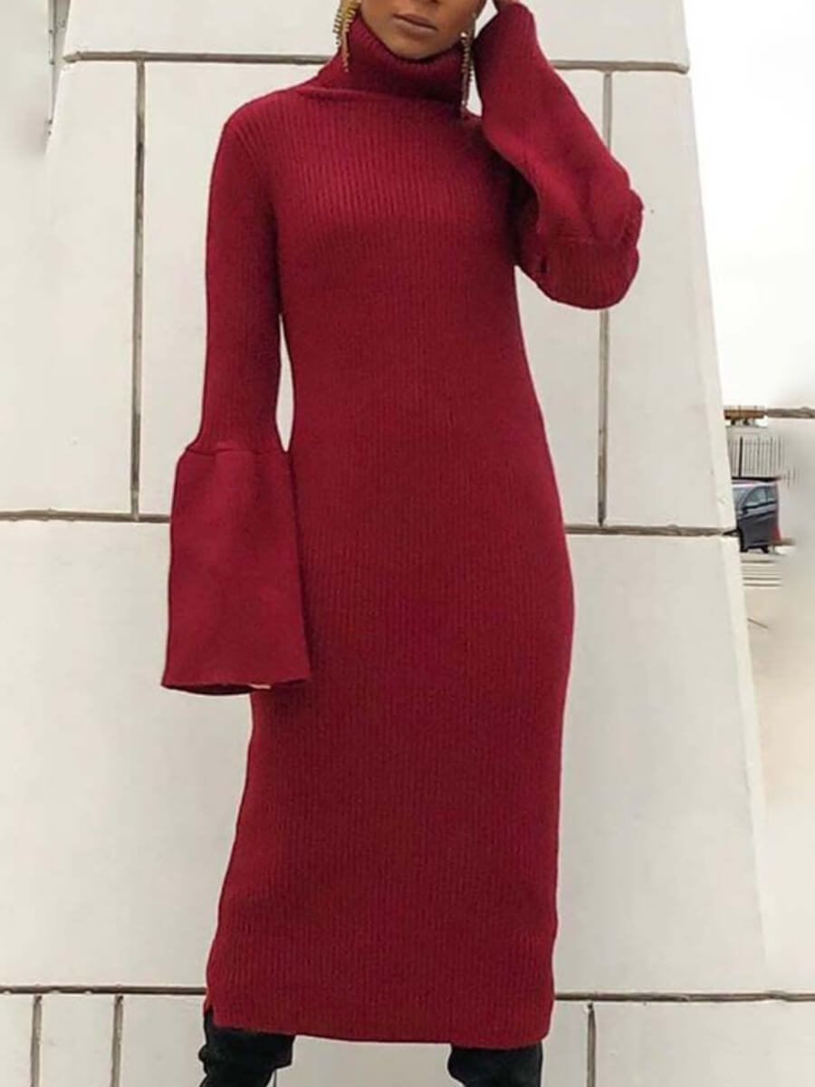 

Lovely Casual Flare Sleeve Red Mid Calf Dress