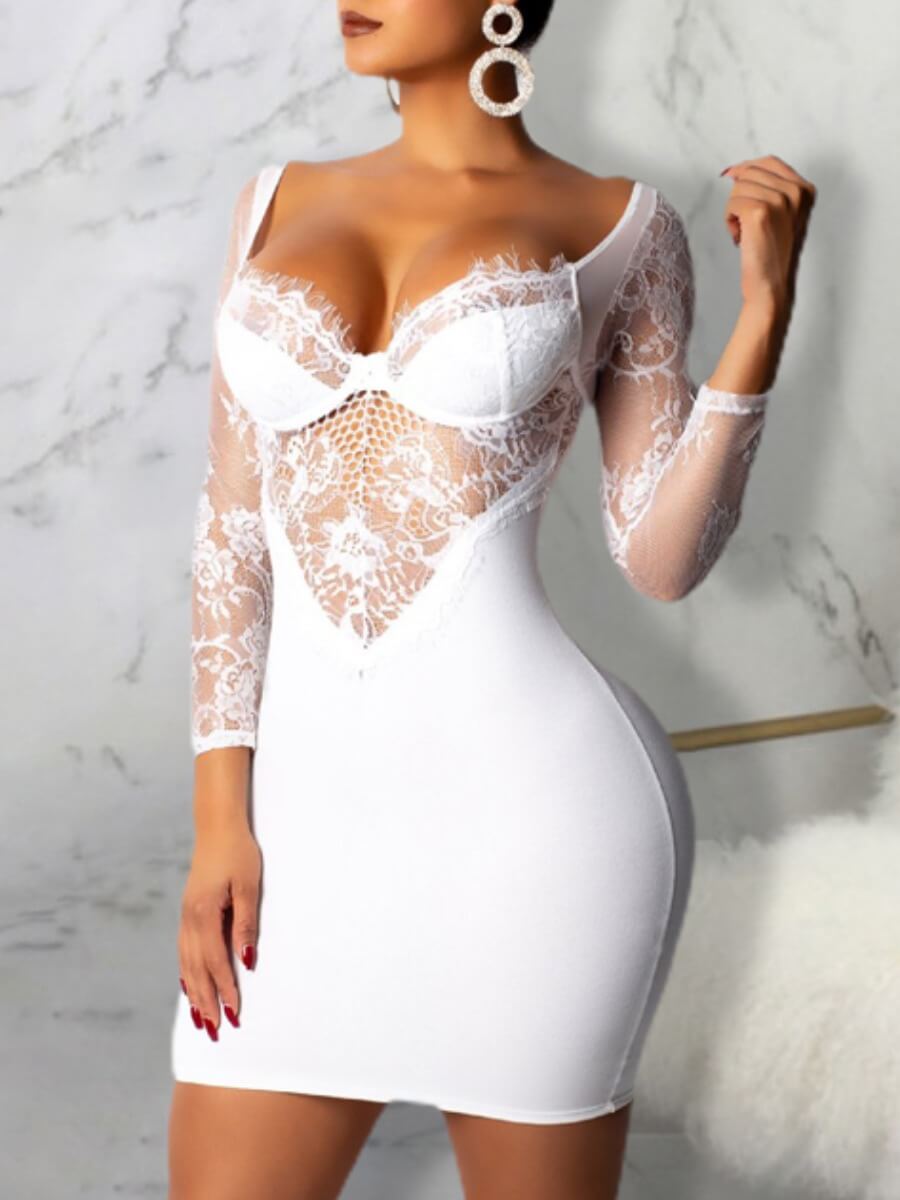 

Lovely Sexy V Neck Lace Patchwork Backless White Mini Dress